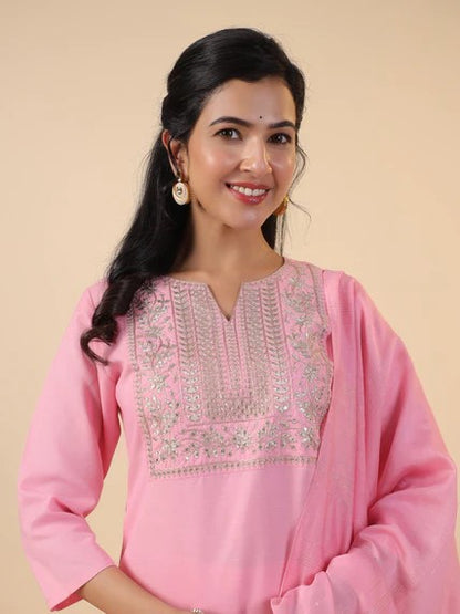 [ Ready SG Stock ] Pink Cotton Blend Embroidered Straight Cut 3 Pcs Punjabi Suit with Dupatta [ Indian Dresses ]