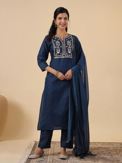 [ Ready SG Stock ] Teal Blue Cotton Blend Embroidered Straight Cut 3 Pcs Punjabi Suit with Dupatta [ Indian Dresses ]
