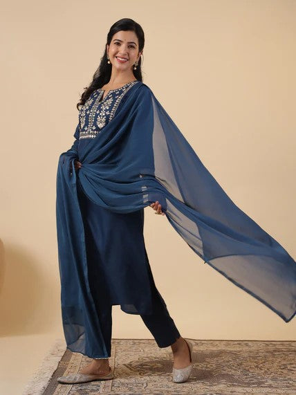 [ Ready SG Stock ] Teal Blue Cotton Blend Embroidered Straight Cut 3 Pcs Punjabi Suit with Dupatta [ Indian Dresses ]