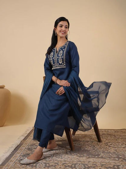 [ Ready SG Stock ] Teal Blue Cotton Blend Embroidered Straight Cut 3 Pcs Punjabi Suit with Dupatta [ Indian Dresses ]