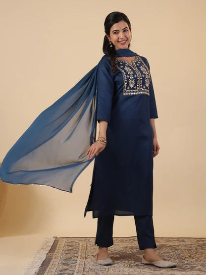 [ Ready SG Stock ] Teal Blue Cotton Blend Embroidered Straight Cut 3 Pcs Punjabi Suit with Dupatta [ Indian Dresses ]