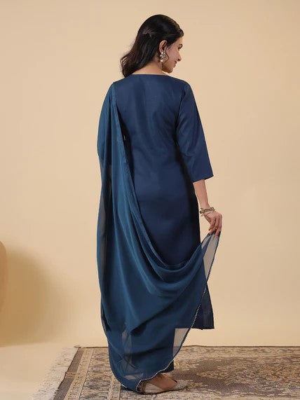 [ Ready SG Stock ] Teal Blue Cotton Blend Embroidered Straight Cut 3 Pcs Punjabi Suit with Dupatta [ Indian Dresses ]