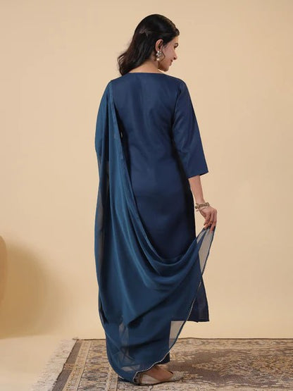 [ Ready SG Stock ] Teal Blue Cotton Blend Embroidered Straight Cut 3 Pcs Punjabi Suit with Dupatta [ Indian Dresses ]