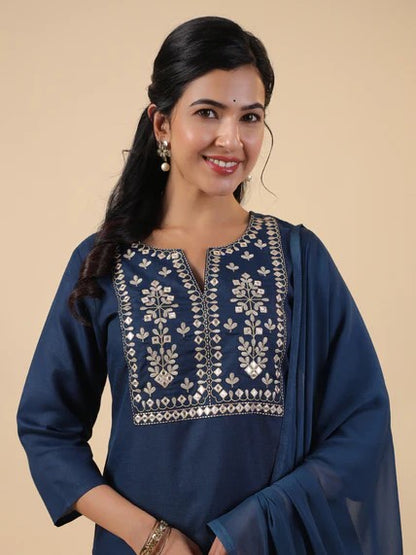 [ Ready SG Stock ] Teal Blue Cotton Blend Embroidered Straight Cut 3 Pcs Punjabi Suit with Dupatta [ Indian Dresses ]