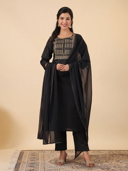 [ Ready SG Stock ] Black Cotton Blend Yoke Embroidery Straight Kurta 3 Pcs Punjabi Suit with Dupatta [ Indian Dresses ]