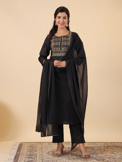 [ Ready SG Stock ] Black Cotton Blend Yoke Embroidery Straight Kurta 3 Pcs Punjabi Suit with Dupatta [ Indian Dresses ]