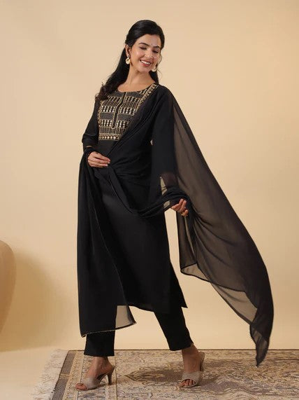 [ Ready SG Stock ] Black Cotton Blend Yoke Embroidery Straight Kurta 3 Pcs Punjabi Suit with Dupatta [ Indian Dresses ]