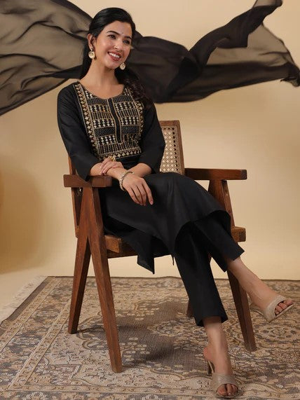 [ Ready SG Stock ] Black Cotton Blend Yoke Embroidery Straight Kurta 3 Pcs Punjabi Suit with Dupatta [ Indian Dresses ]