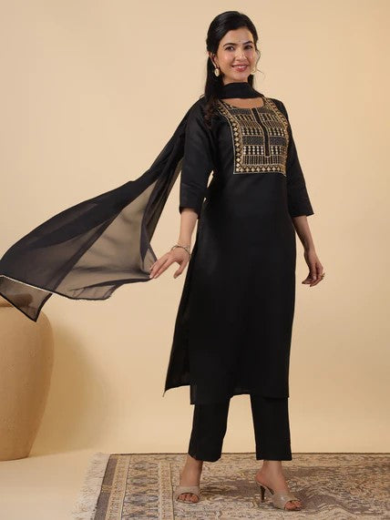 [ Ready SG Stock ] Black Cotton Blend Yoke Embroidery Straight Kurta 3 Pcs Punjabi Suit with Dupatta [ Indian Dresses ]