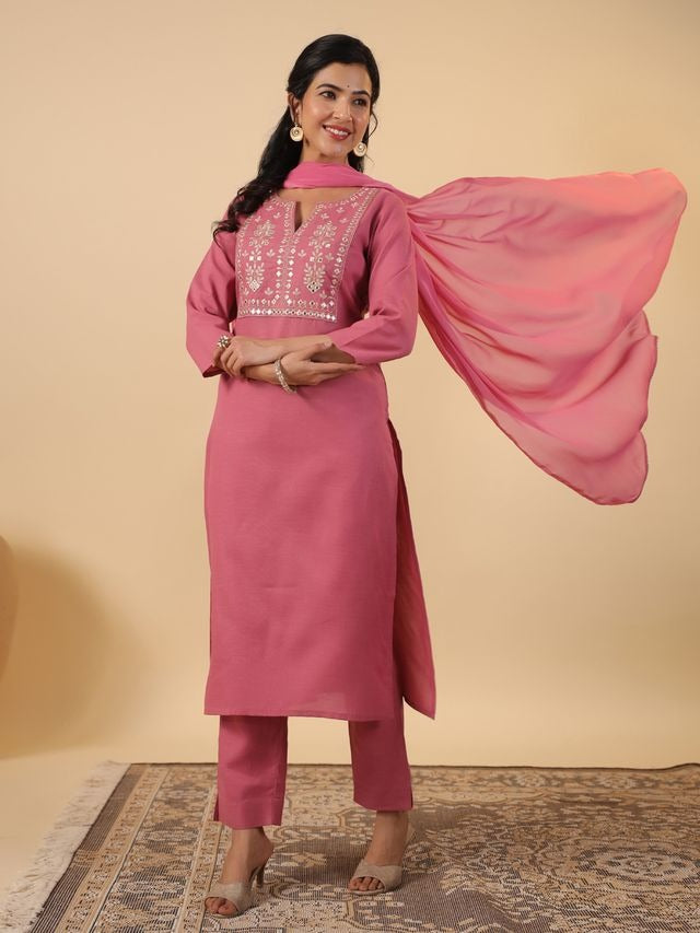[ Ready SG Stock ] Pink Cotton Blend Embroidered Straight Cut 3 Pcs Punjabi Suit with Dupatta [ Indian Dresses ]