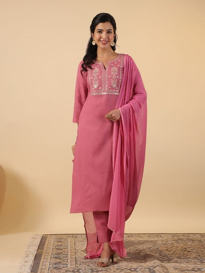 [ Ready SG Stock ] Pink Cotton Blend Embroidered Straight Cut 3 Pcs Punjabi Suit with Dupatta [ Indian Dresses ]