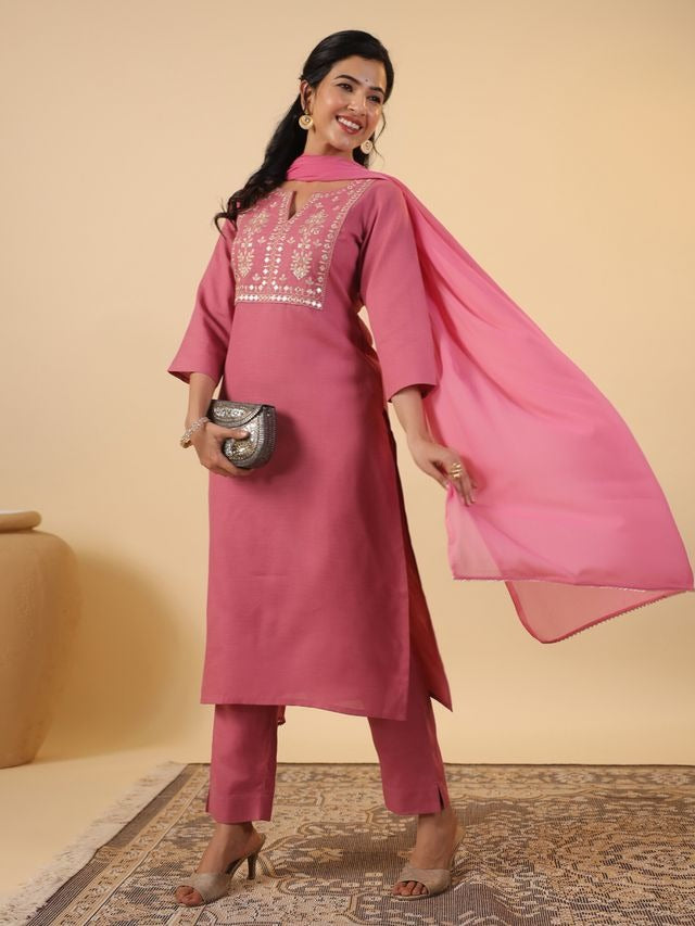 [ Ready SG Stock ] Pink Cotton Blend Embroidered Straight Cut 3 Pcs Punjabi Suit with Dupatta [ Indian Dresses ]