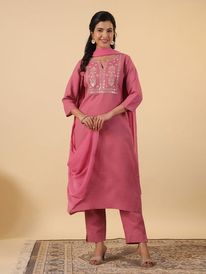 [ Ready SG Stock ] Pink Cotton Blend Embroidered Straight Cut 3 Pcs Punjabi Suit with Dupatta [ Indian Dresses ]
