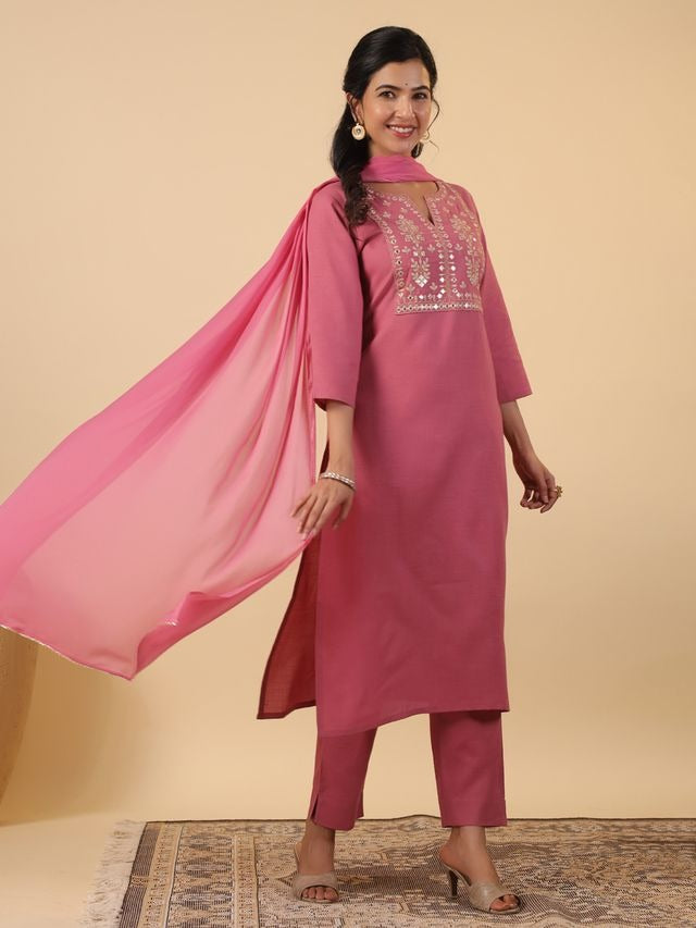 [ Ready SG Stock ] Pink Cotton Blend Embroidered Straight Cut 3 Pcs Punjabi Suit with Dupatta [ Indian Dresses ]