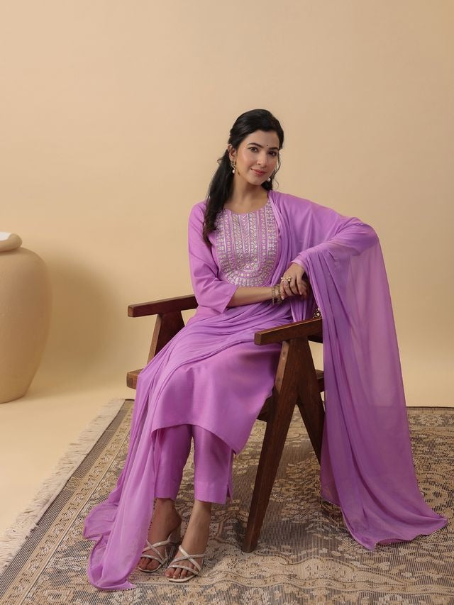 [ Ready SG Stock ] Lavender Cotton Blend Embroidered Straight Cut 3 Pcs Punjabi Suit with Dupatta [ Indian Dresses ]