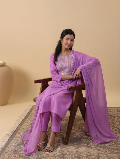 [ Ready SG Stock ] Lavender Cotton Blend Embroidered Straight Cut 3 Pcs Punjabi Suit with Dupatta [ Indian Dresses ]