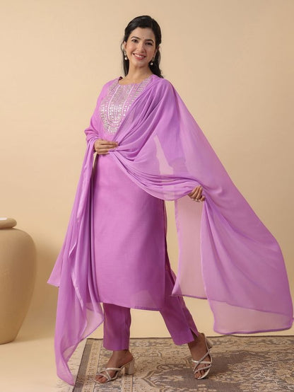 [ Ready SG Stock ] Lavender Cotton Blend Embroidered Straight Cut 3 Pcs Punjabi Suit with Dupatta [ Indian Dresses ]