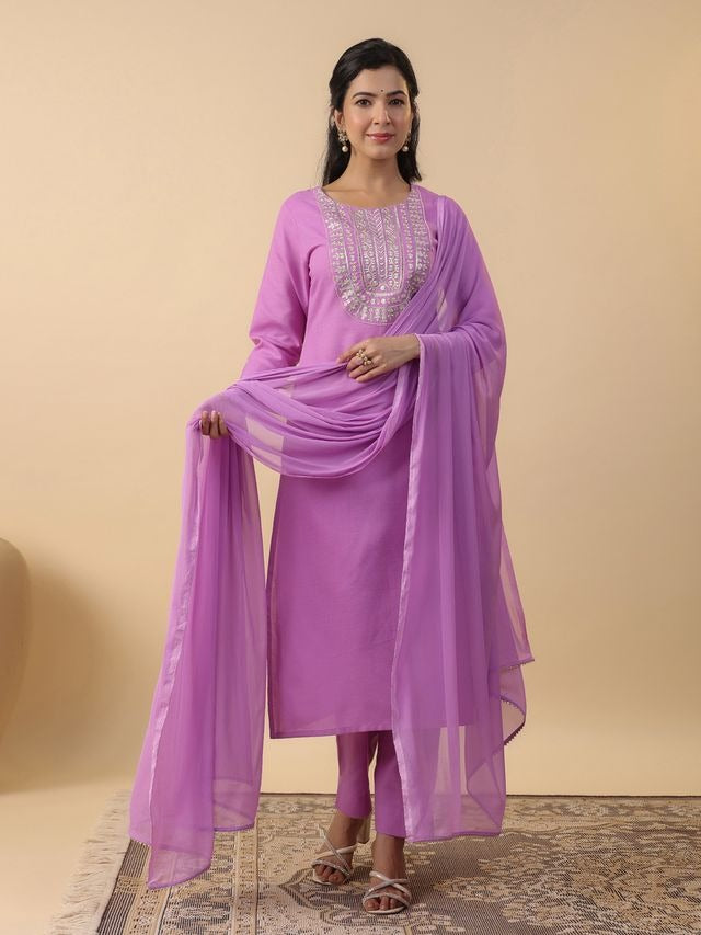 [ Ready SG Stock ] Lavender Cotton Blend Embroidered Straight Cut 3 Pcs Punjabi Suit with Dupatta [ Indian Dresses ]