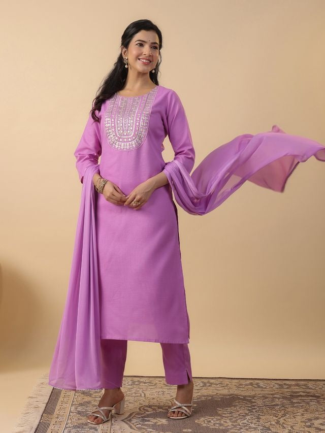 [ Ready SG Stock ] Lavender Cotton Blend Embroidered Straight Cut 3 Pcs Punjabi Suit with Dupatta [ Indian Dresses ]
