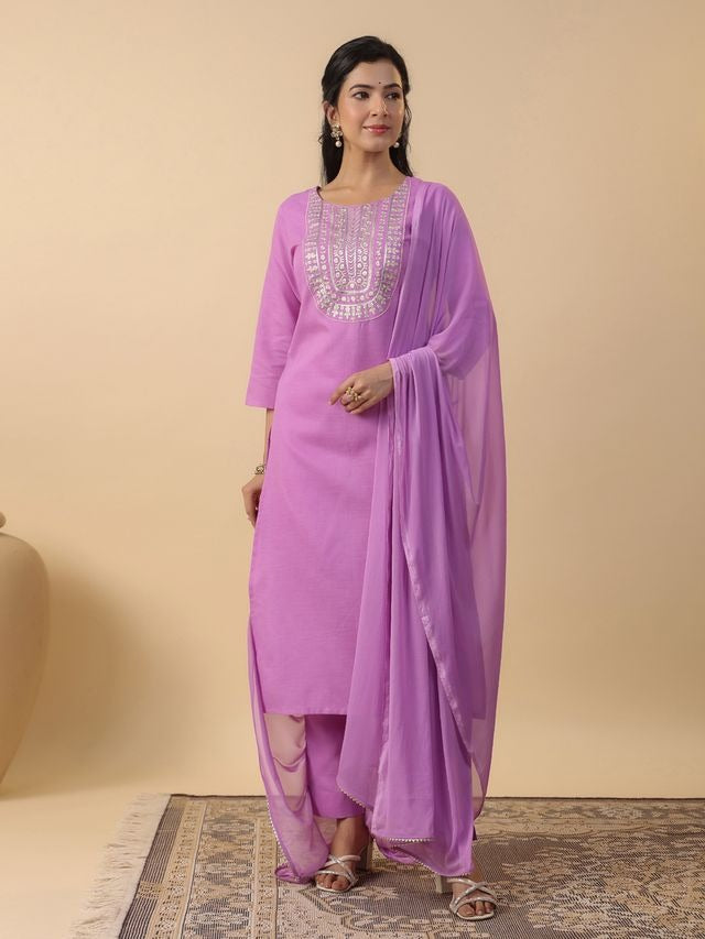 [ Ready SG Stock ] Lavender Cotton Blend Embroidered Straight Cut 3 Pcs Punjabi Suit with Dupatta [ Indian Dresses ]