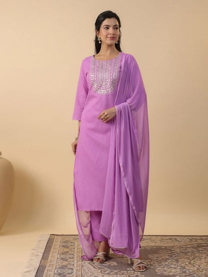 [ Ready SG Stock ] Lavender Cotton Blend Embroidered Straight Cut 3 Pcs Punjabi Suit with Dupatta [ Indian Dresses ]