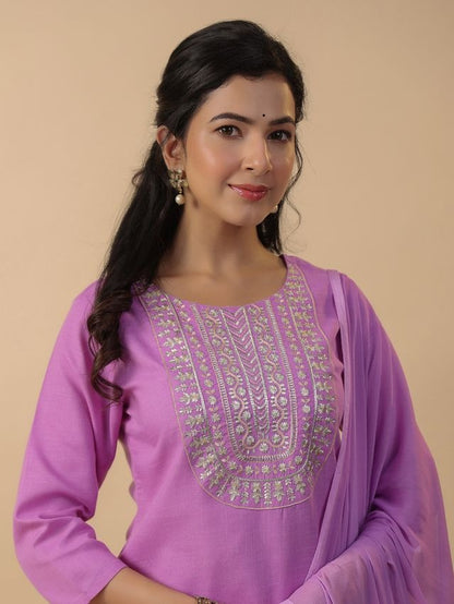 [ Ready SG Stock ] Lavender Cotton Blend Embroidered Straight Cut 3 Pcs Punjabi Suit with Dupatta [ Indian Dresses ]
