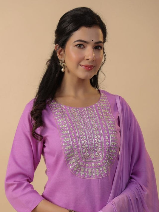 [ Ready SG Stock ] Lavender Cotton Blend Embroidered Straight Cut 3 Pcs Punjabi Suit with Dupatta [ Indian Dresses ]