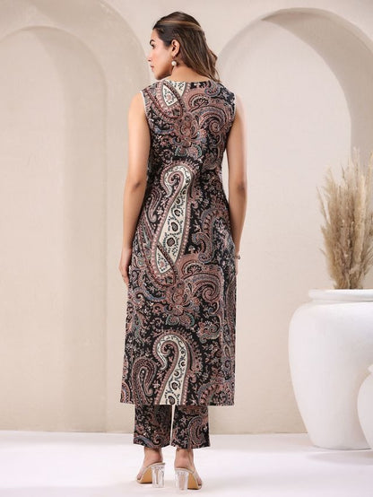 [Ready SG Stock] Sleeveless Black Cotton Paisley Printed Straight-Cut Kurta 2 Pcs Punjabi Suit Set [ Indian Dresses ]
