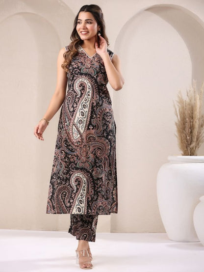 [Ready SG Stock] Sleeveless Black Cotton Paisley Printed Straight-Cut Kurta 2 Pcs Punjabi Suit Set [ Indian Dresses ]