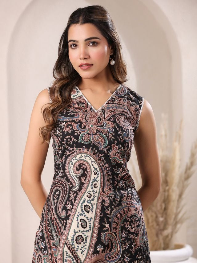 [Ready SG Stock] Sleeveless Black Cotton Paisley Printed Straight-Cut Kurta 2 Pcs Punjabi Suit Set [ Indian Dresses ]