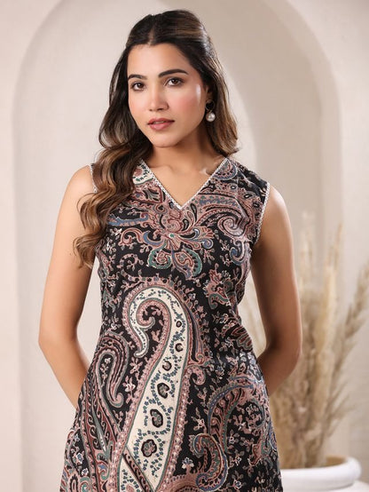 [Ready SG Stock] Sleeveless Black Cotton Paisley Printed Straight-Cut Kurta 2 Pcs Punjabi Suit Set [ Indian Dresses ]