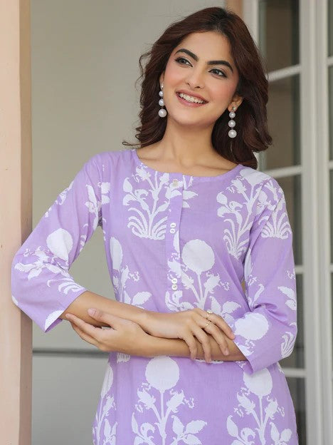 [Ready SG Stock] Lavender Pure Cotton Floral Printed Straight Kurta & Pant Set 2 Pcs Punjabi Suit- Indian Casual Dresses