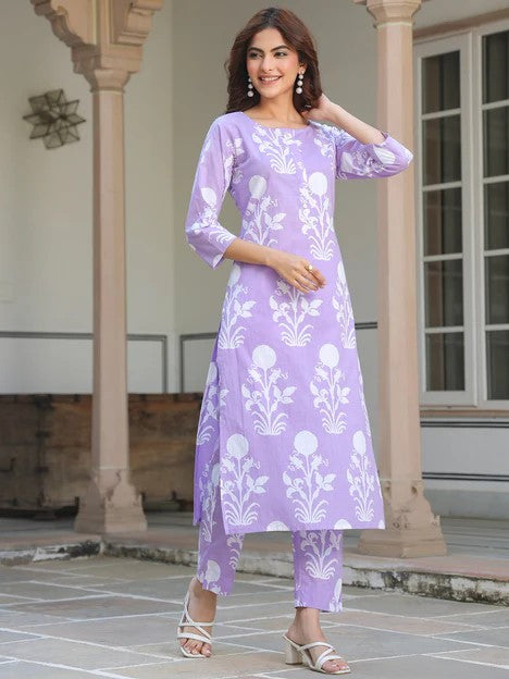 [Ready SG Stock] Lavender Pure Cotton Floral Printed Straight Kurta & Pant Set 2 Pcs Punjabi Suit- Indian Casual Dresses