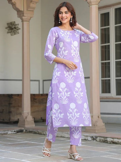 [Ready SG Stock] Lavender Pure Cotton Floral Printed Straight Kurta & Pant Set 2 Pcs Punjabi Suit- Indian Casual Dresses