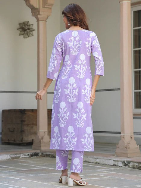 [Ready SG Stock] Lavender Pure Cotton Floral Printed Straight Kurta & Pant Set 2 Pcs Punjabi Suit- Indian Casual Dresses