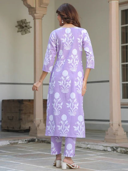 [Ready SG Stock] Lavender Pure Cotton Floral Printed Straight Kurta & Pant Set 2 Pcs Punjabi Suit- Indian Casual Dresses