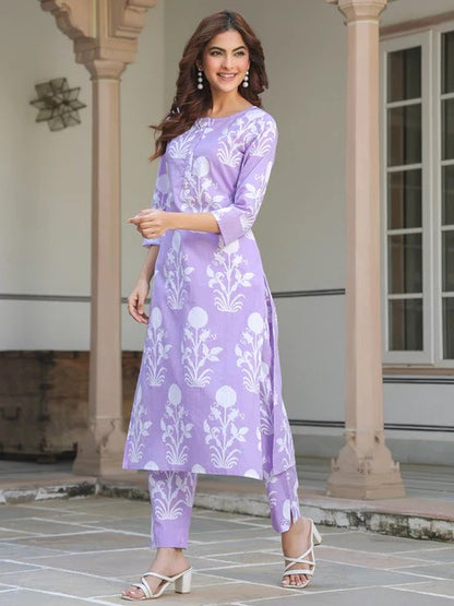 [Ready SG Stock] Lavender Pure Cotton Floral Printed Straight Kurta & Pant Set 2 Pcs Punjabi Suit- Indian Casual Dresses