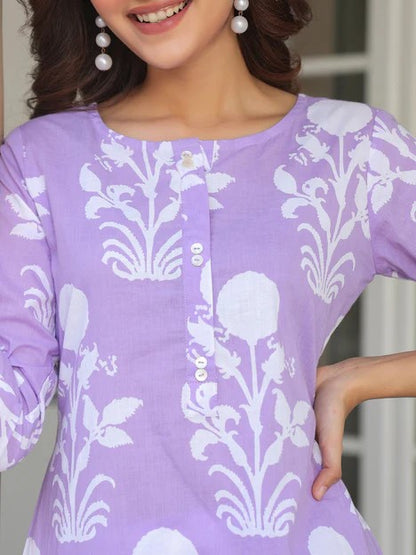 [Ready SG Stock] Lavender Pure Cotton Floral Printed Straight Kurta & Pant Set 2 Pcs Punjabi Suit- Indian Casual Dresses