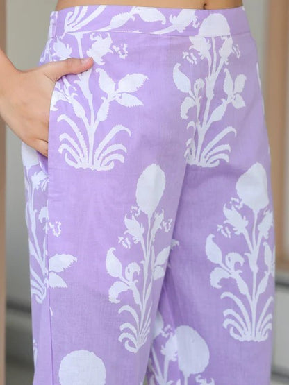 [Ready SG Stock] Lavender Pure Cotton Floral Printed Straight Kurta & Pant Set 2 Pcs Punjabi Suit- Indian Casual Dresses