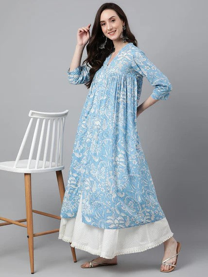 [ Ready SG Stock ] Sky Blue Cotton Floral Print Flared Kurta / Only Top / Punjabi Top [Indian Dresses]