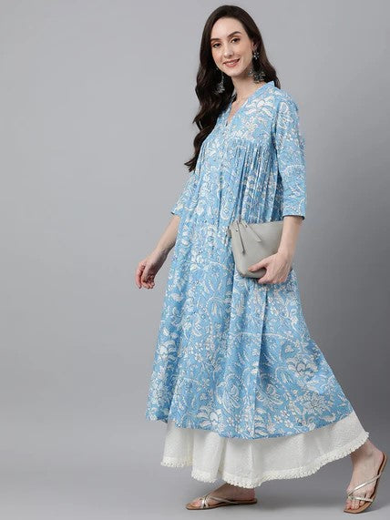 [ Ready SG Stock ] Sky Blue Cotton Floral Print Flared Kurta / Only Top / Punjabi Top [Indian Dresses]