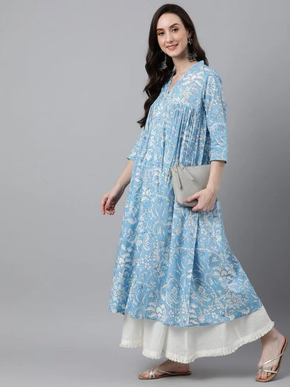 [ Ready SG Stock ] Sky Blue Cotton Floral Print Flared Kurta / Only Top / Punjabi Top [Indian Dresses]