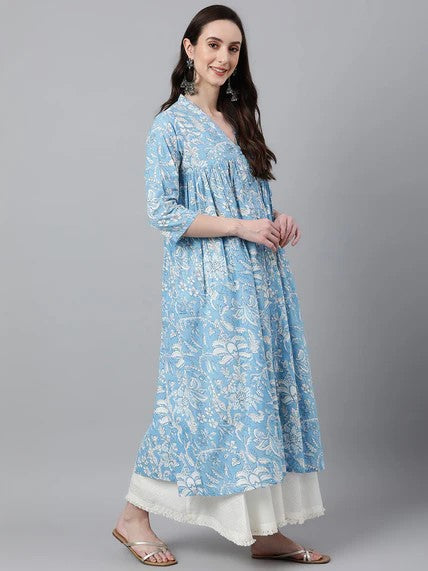 [ Ready SG Stock ] Sky Blue Cotton Floral Print Flared Kurta / Only Top / Punjabi Top [Indian Dresses]
