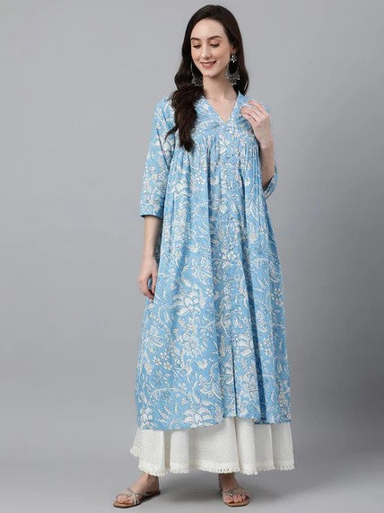 [ Ready SG Stock ] Sky Blue Cotton Floral Print Flared Kurta / Only Top / Punjabi Top [Indian Dresses]