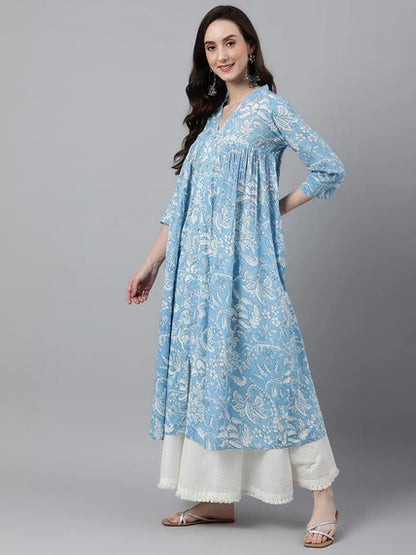 [ Ready SG Stock ] Sky Blue Cotton Floral Print Flared Kurta / Only Top / Punjabi Top [Indian Dresses]