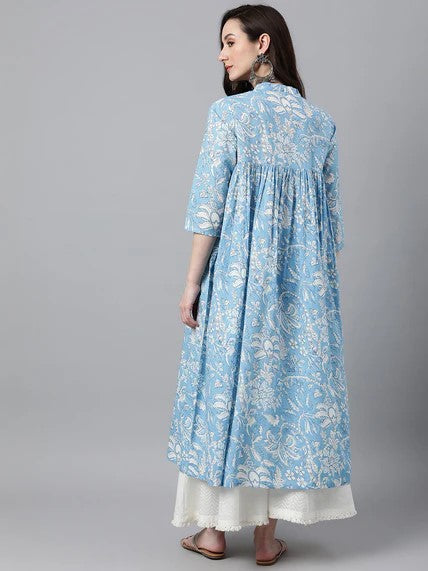 [ Ready SG Stock ] Sky Blue Cotton Floral Print Flared Kurta / Only Top / Punjabi Top [Indian Dresses]
