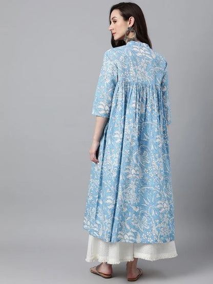 [ Ready SG Stock ] Sky Blue Cotton Floral Print Flared Kurta / Only Top / Punjabi Top [Indian Dresses]