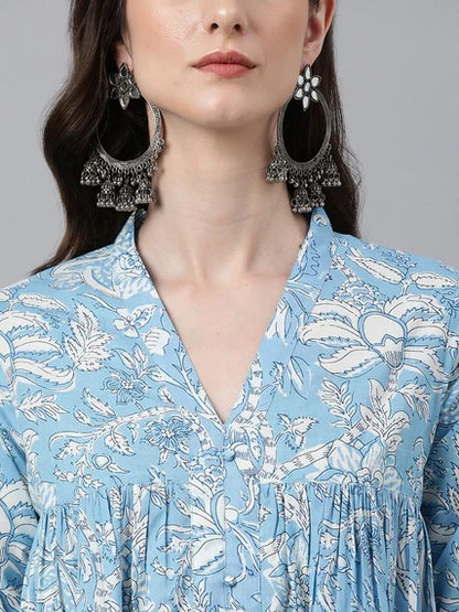 [ Ready SG Stock ] Sky Blue Cotton Floral Print Flared Kurta / Only Top / Punjabi Top [Indian Dresses]