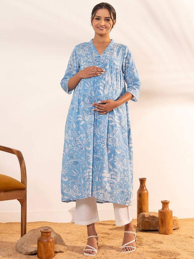 [Ready SG Stock] Sky Blue Cotton Floral Printed A-Line Maternity Kurta \ Top - Indian Dresses