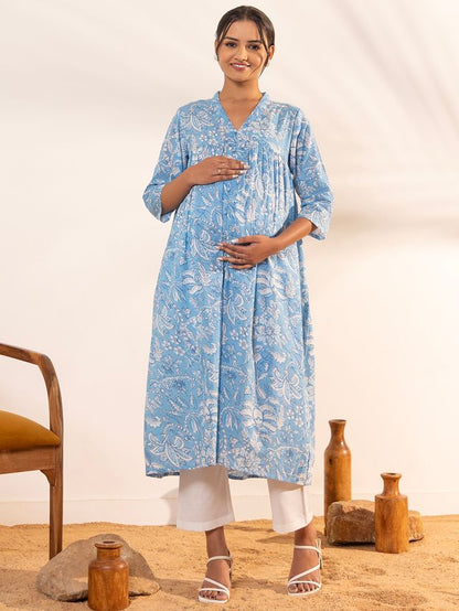 [Ready SG Stock] Sky Blue Cotton Floral Printed A-Line Maternity Kurta \ Top - Indian Dresses